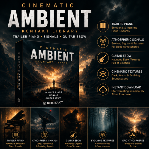 Promotional graphic for Kontakt Library Cinematic Ambient Trailer Piano signals and guitar ebow textures, featuring a 3D software box cover, descriptive text icons, and six small preview thumbnails at the bottom.