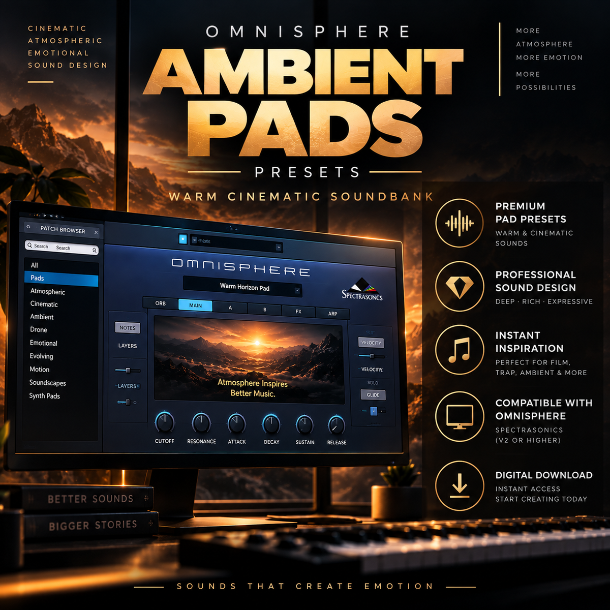 Promotional graphic for Omnisphere Ambient Pads presets, showing a software interface window on a dark cinematic background with warm orange and gold text. The image includes feature callouts such as premium pad presets, professional sound design, instant inspiration, and compatibility with Omnisphere, plus the Omnisphere logo.