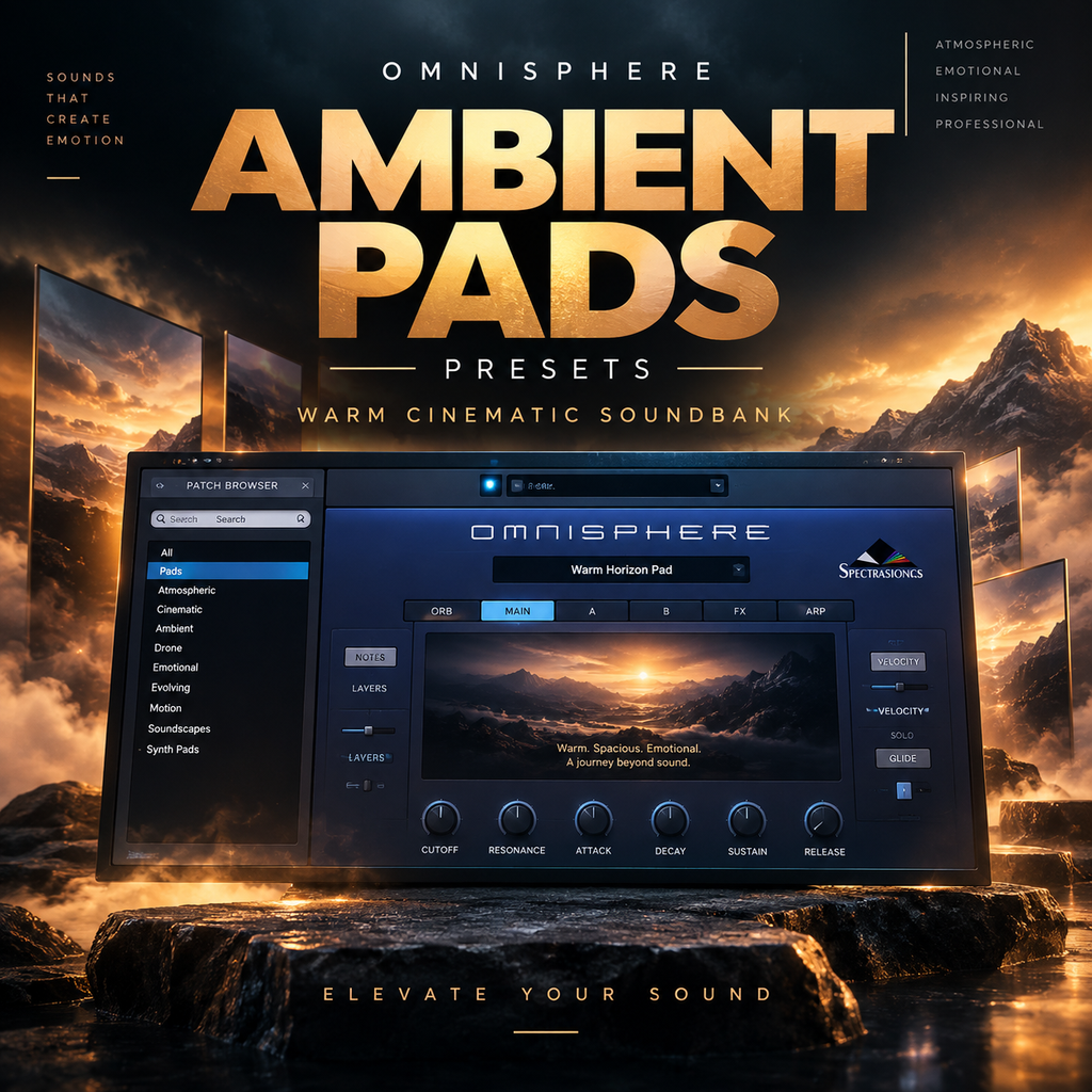 Promotional graphic for the Omnisphere Ambient Pads presets, showing a digital audio workstation interface over a dramatic mountain landscape with golden title text reading 'Ambient Pads' and 'Warm Cinematic Soundbank'.