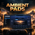 Promotional graphic for the Omnisphere Ambient Pads presets, showing a digital audio workstation interface over a dramatic mountain landscape with golden title text reading 'Ambient Pads' and 'Warm Cinematic Soundbank'.