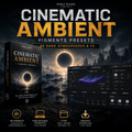 Promotional graphic for 'Cinematic Ambient Pigments Presets' by Nymly Studio, showing a software box cover, a dark atmospheric landscape scene, and a digital preset interface. Text highlights '50 Dark Atmospheres & FX' and includes compatibility icons for Arturia Pigments V4+ and Type pads.