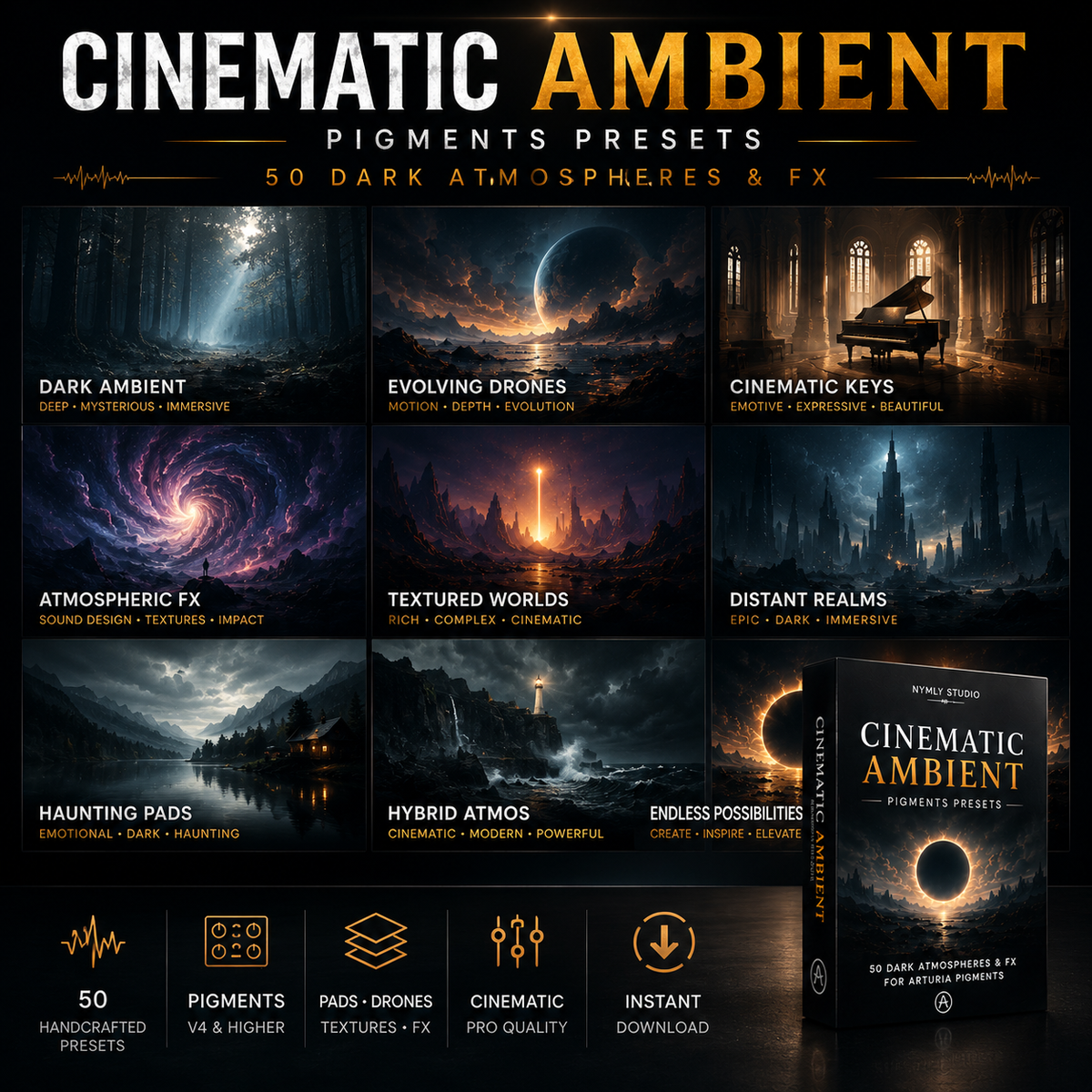 Promotional graphic for 'Cinematic Ambient' Pigments Presets, showing a grid of eight dark fantasy and sci-fi scene previews with titles like 'Dark Ambient', 'Evolving Drones', and 'Textured Worlds'. The design includes dramatic glowing text, a small product box mockup, and feature icons at the bottom for '50 Handcrafted Presets', 'V4 & Higher', 'Pads - Drones - Textures - FX', 'Cinematic Pro Quality', and 'Instant Download'.