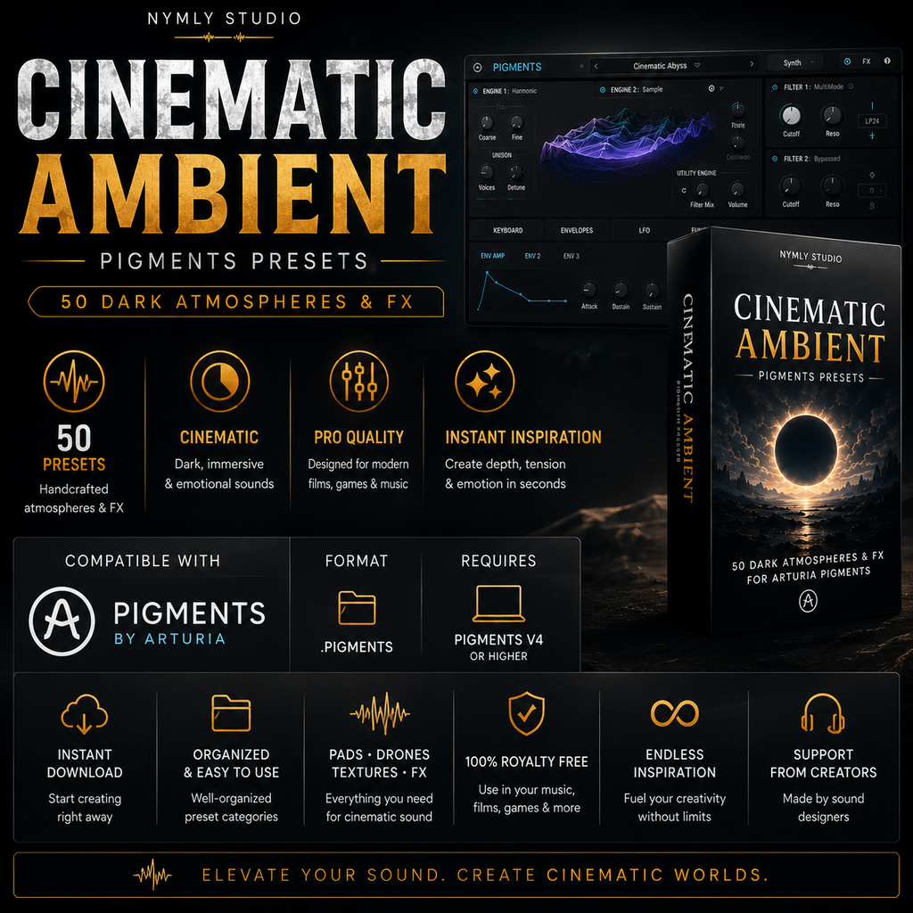 Promotional graphic for 'Cinematic Ambient' Pigments Presets by Nyml Studio, showing software interface screenshots, feature icons, compatibility with Arturia Pigments, and a product box on a dark gradient background.