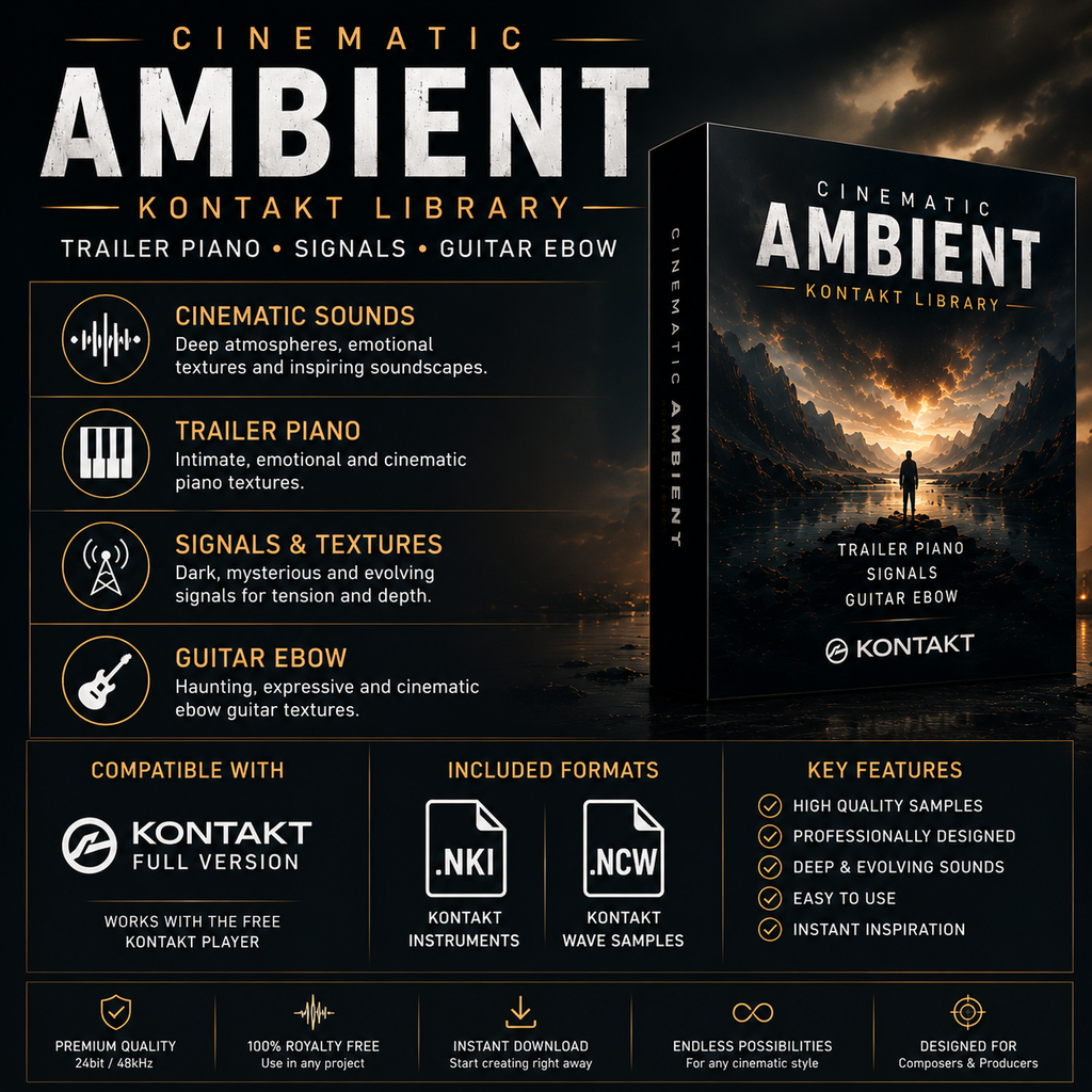 Promotional graphic for Kontakt Library Cinematic Ambient trailer piano and guitar bow samples, showing a dark illustrated album cover, feature callouts, compatibility with full version Kontakt, .nki and .