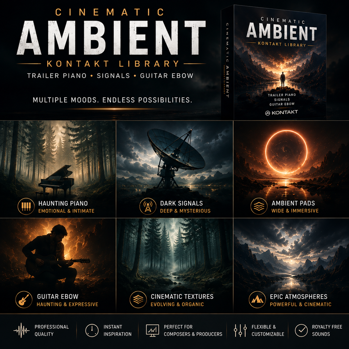 Promotional graphic for the Kontakt Library Cinematic Ambient Soundbank, featuring six sample library categories: Haunting Piano, Dark Signals, Ambient Pads, Guitar Ebow, Cinematic Textures, and Epic Atmospheres. The design uses a dark, cinematic color palette with glowing orange and yellow highlights, and includes a product box mockup in the top right.