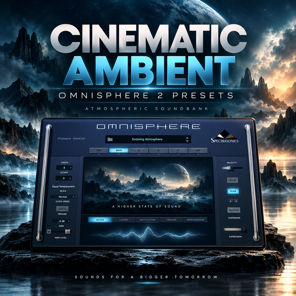 Promotional cover art for Omnisphere 2 presets titled 'Cinematic Ambient' by Sphereagness. A large digital software interface labeled Omnisphere is centered over a dramatic sci-fi landscape with mountains, water, and a glowing planet.