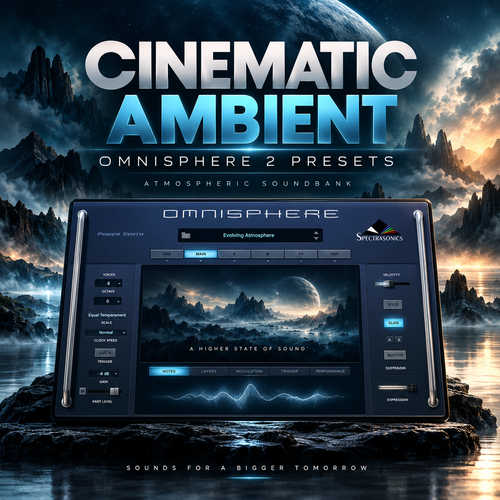 Promotional cover art for Omnisphere 2 presets titled 'Cinematic Ambient' by Sphereagness. A large digital software interface labeled Omnisphere is centered over a dramatic sci-fi landscape with mountains, water, and a glowing planet.