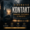 Promotional graphic for a Kontakt preset pack titled 'Cinematic Ambient Textures & Presets for Film Scoring,' showing a dark illustrated software box with a dramatic landscape scene on the front, large gold and white title text, and feature icons along the bottom.