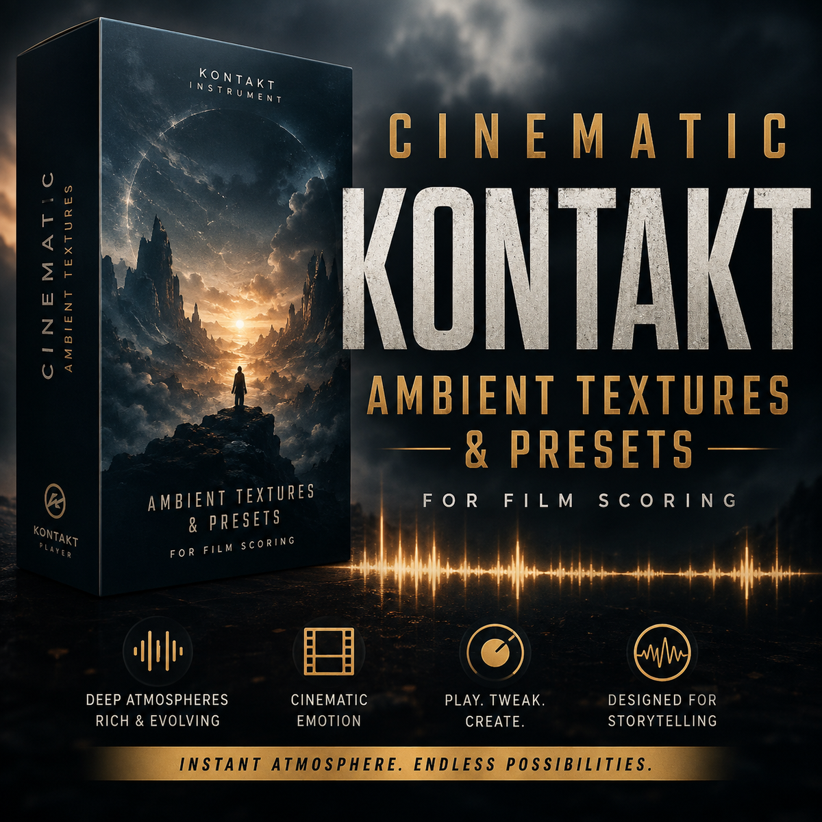 Promotional graphic for a Kontakt preset pack titled 'Cinematic Ambient Textures & Presets for Film Scoring,' showing a dark illustrated software box with a dramatic landscape scene on the front, large gold and white title text, and feature icons along the bottom.
