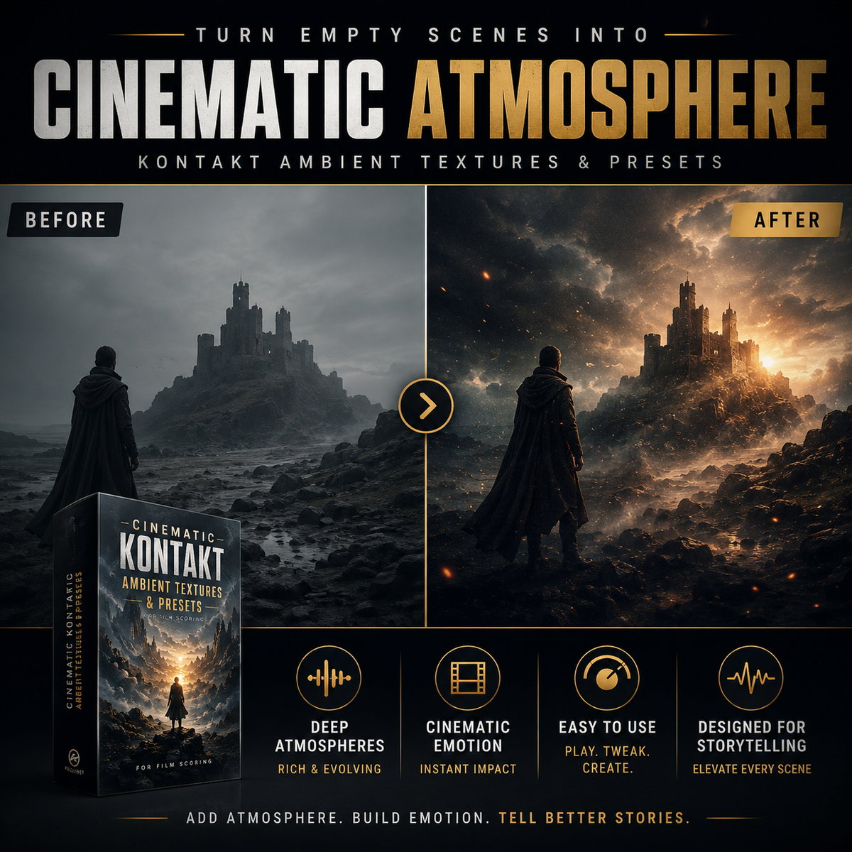 Promotional graphic for Kontakt ambient textures and presets, showing a before-and-after comparison of a dramatic fantasy landscape scene. The left side is dark and moody, labeled 'BEFORE,' while the right side is fiery and cinematic, labeled 'AFTER.