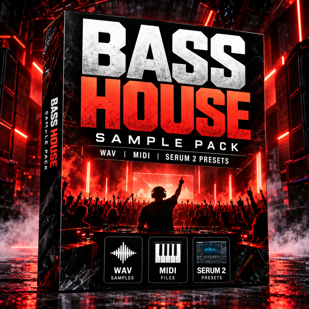 Bass House sample pack featuring WAV samples, MIDI files, and Serum 2 presets with dramatic red nightclub visuals.