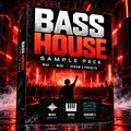Bass House sample pack featuring WAV samples, MIDI files, and Serum 2 presets with dramatic red nightclub visuals.