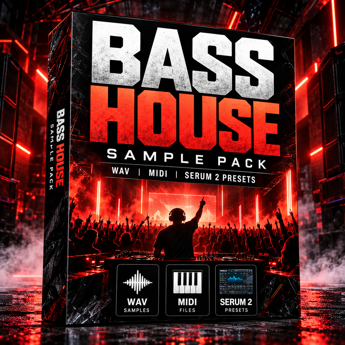 Bass House sample pack featuring WAV samples, MIDI files, and Serum 2 presets with dramatic red nightclub visuals.