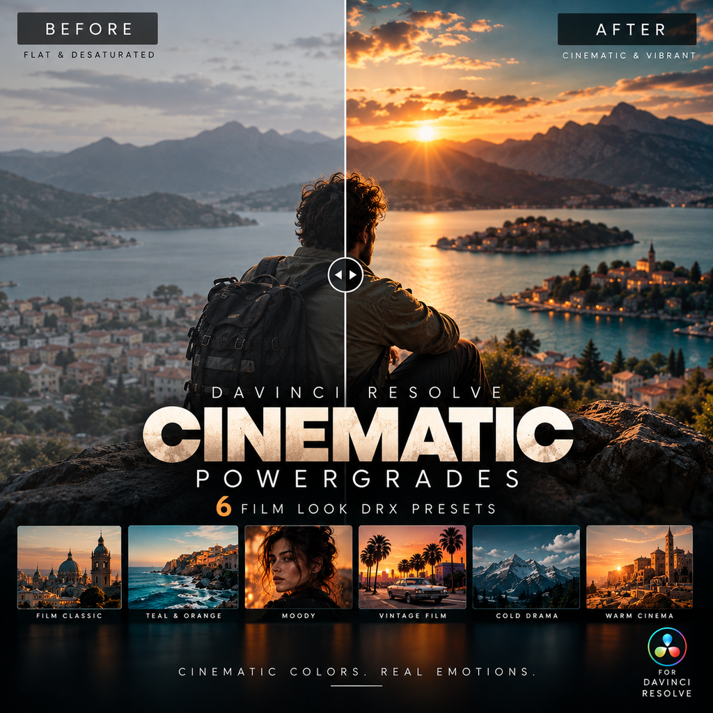 Promotional graphic for Davinci Resolve Cinematic Powergrades DRX presets, showing a before-and-after split of a scenic mountain landscape with a person in the foreground. The left side is flat and desaturated, while the right side is warm, vibrant, and cinematic.