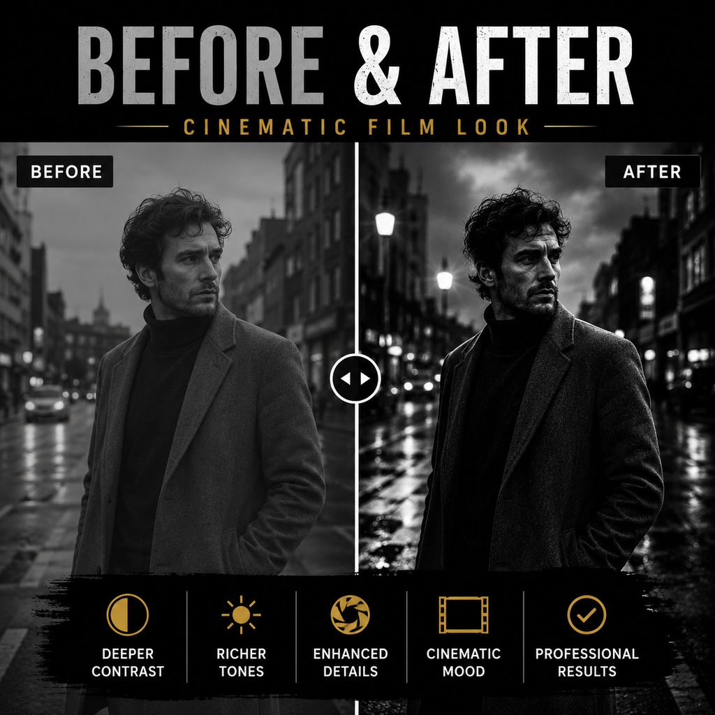 A before-and-after comparison graphic showing a man standing on a wet city street in black-and-white cinematic photography. Large text at the top reads 'BEFORE & AFTER' with 'CINEMATIC FILM LOOK,' and the bottom row lists benefits like deeper contrast, richer tones, enhanced details, cinematic mood, and professional results.