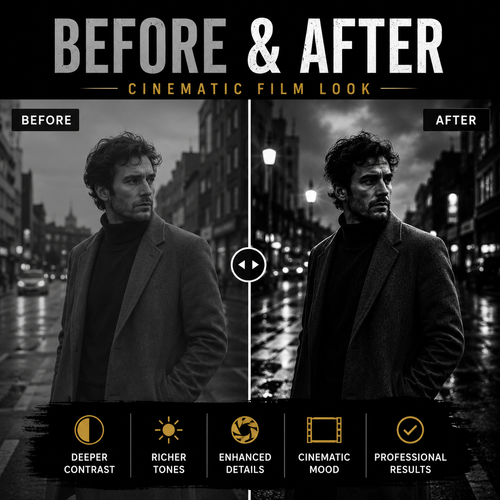A before-and-after comparison graphic showing a man standing on a wet city street in black-and-white cinematic photography. Large text at the top reads 'BEFORE & AFTER' with 'CINEMATIC FILM LOOK,' and the bottom row lists benefits like deeper contrast, richer tones, enhanced details, cinematic mood, and professional results.