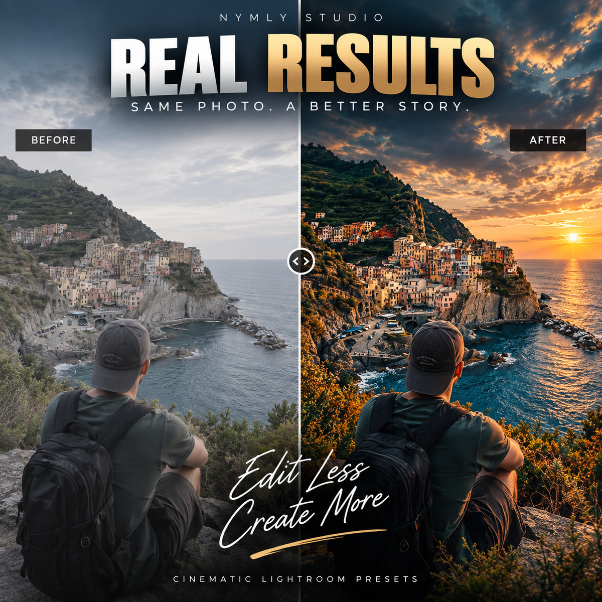 Promotional graphic for cinematic Lightroom presets by Nymly Studio, showing a split-screen before/after comparison of a coastal cliff scene with a seated person seen from behind. The left side is a muted, overcast version labeled BEFORE, and the right side is a warm, dramatic sunset version labeled AFTER.