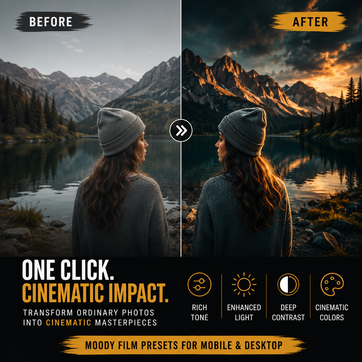 Before-and-after comparison graphic showing a woman in a gray beanie standing by a mountain lake, with the left side in natural light labeled BEFORE and the right side with dramatic edited lighting labeled AFTER. Text at the bottom reads 'One Click.