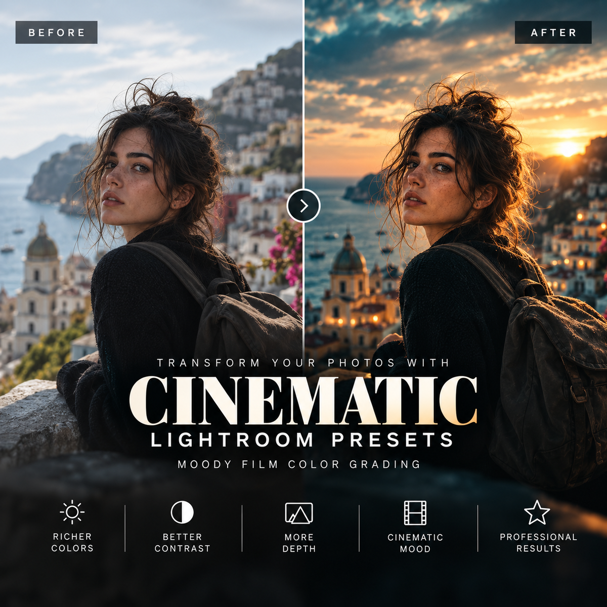 Before-and-after comparison of a woman's portrait edited with cinematic Lightroom presets, showing a coastal city background and warm sunset tones, with text reading 'Transform Your Photos with Cinematic Lightroom Presets' and feature icons below.
