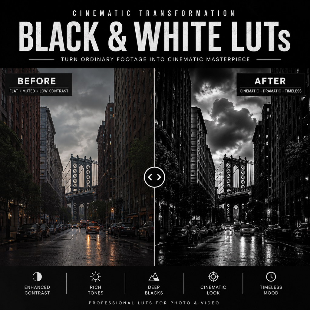 Promotional graphic for black and white LUTs showing a city street scene with the Brooklyn Bridge, split into a dark 'Before' side and a bright, high-contrast 'After' side. Large text reads 'BLACK & WHITE LUTs' and 'CINEMATIC TRANSFORMATION' with feature icons along the bottom.