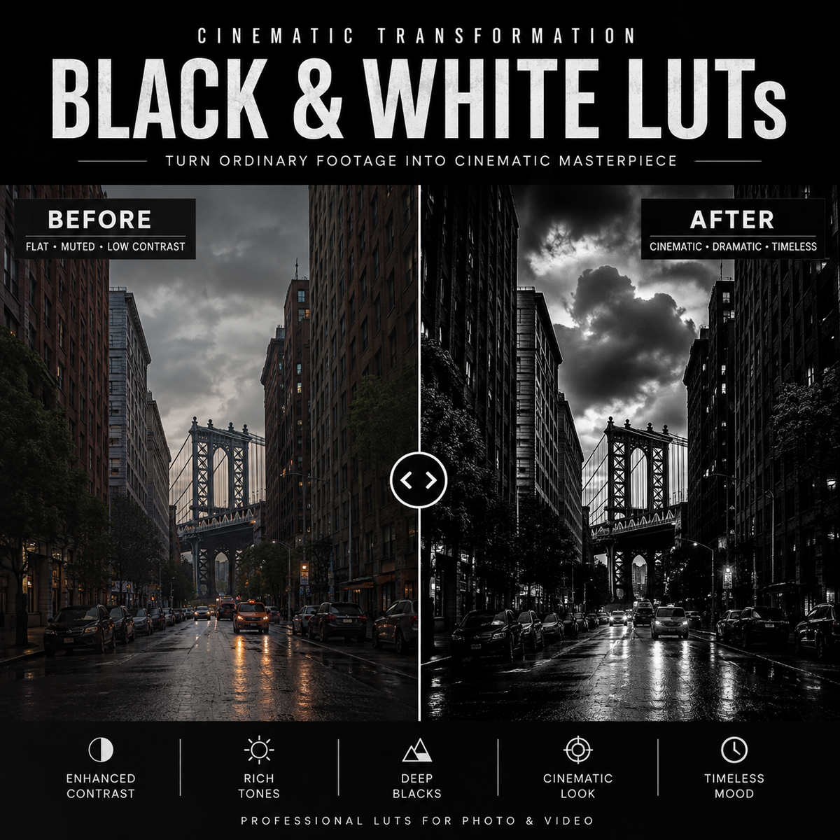 Promotional graphic for black and white LUTs showing a city street scene with the Brooklyn Bridge, split into a dark 'Before' side and a bright, high-contrast 'After' side. Large text reads 'BLACK & WHITE LUTs' and 'CINEMATIC TRANSFORMATION' with feature icons along the bottom.