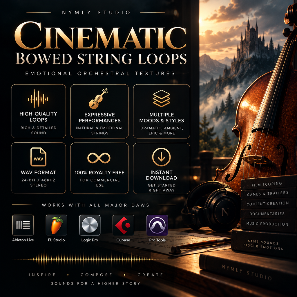 Promotional graphic for a digital audio asset pack titled 'Cinematic Bowed String Loops' by Nymly Studio. The left side features dark gold text detailing features like high-quality loops, expressive performances, and wave format, alongside logos for Ableton Live, FL Studio, Logic Pro, Cubase, and Pro Tools.