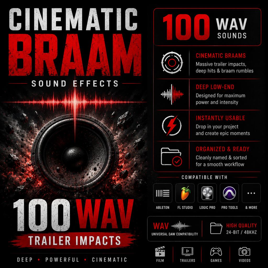 Promotional graphic for a sound effect pack titled 'Cinematic Braam Sound Effects' with '100 WAV Sounds' in large red and white text. The design features a black speaker cone over a smoky red-and-black abstract background, plus a vertical list of features and compatibility logos for Ableton, FL Studio, Logic Pro, Pro Tools, and others.