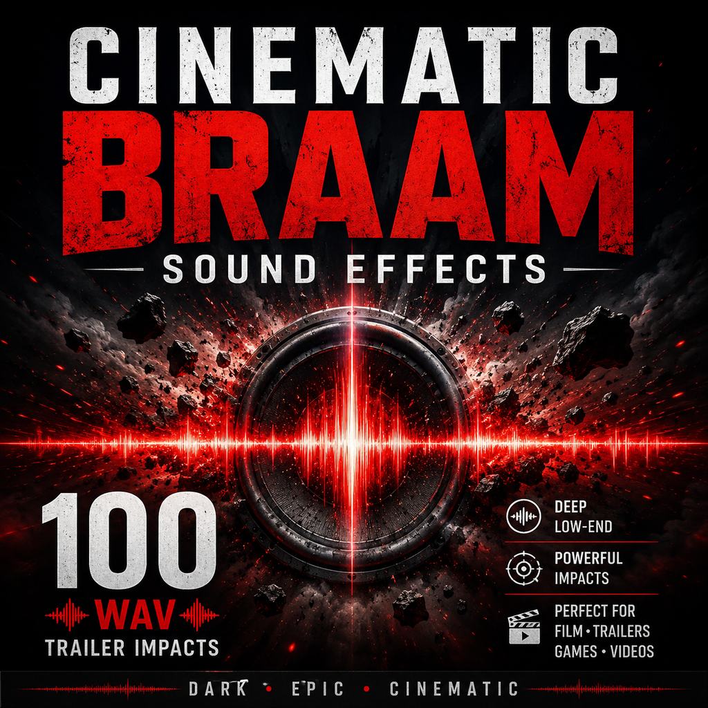 Promotional cover art for a sound effect pack titled 'Cinematic Braam Sound Effects,' with large distressed white and red text over a dark space-like background, a glowing red soundwave through a circular speaker-like graphic, and feature callouts including '100 Way Trailer Impacts' and 'Deep Low-End,' 'Powerful Impacts,' and 'Perfect for Film Trailers Games Videos.'.