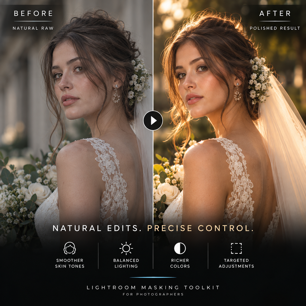 Before-and-after comparison of a bride's portrait edited with Lightroom masking tools, showing a natural raw photo on the left and a polished edited result on the right. Text at the bottom reads 'NATURAL EDITS.