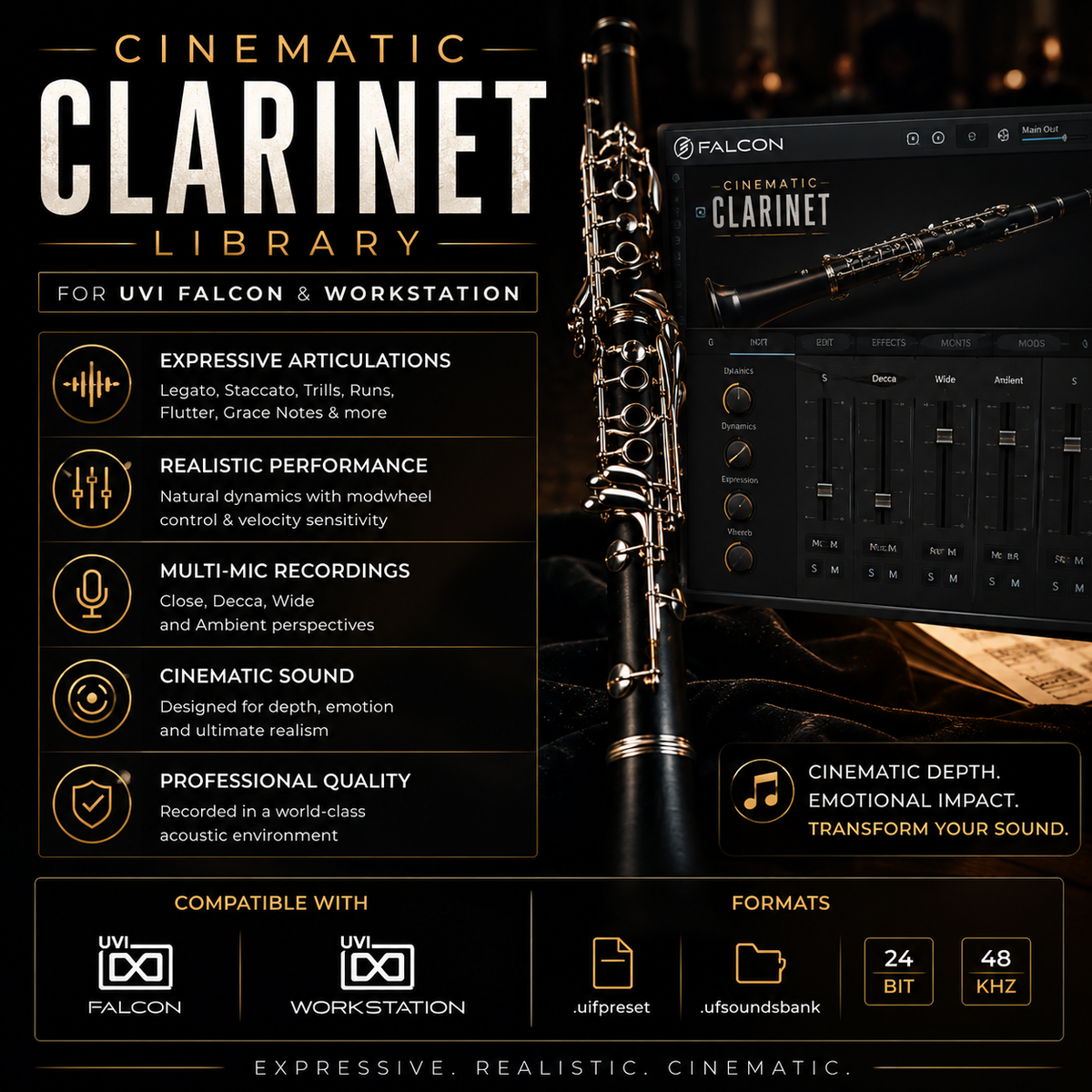 Promotional graphic for the Cinematic Clarinet Library for UVI Falcon and Workstation, featuring a clarinet, a digital software interface, and text highlighting expressive articulations, realistic performance, multi-mic recordings, cinematic sound, and professional quality.