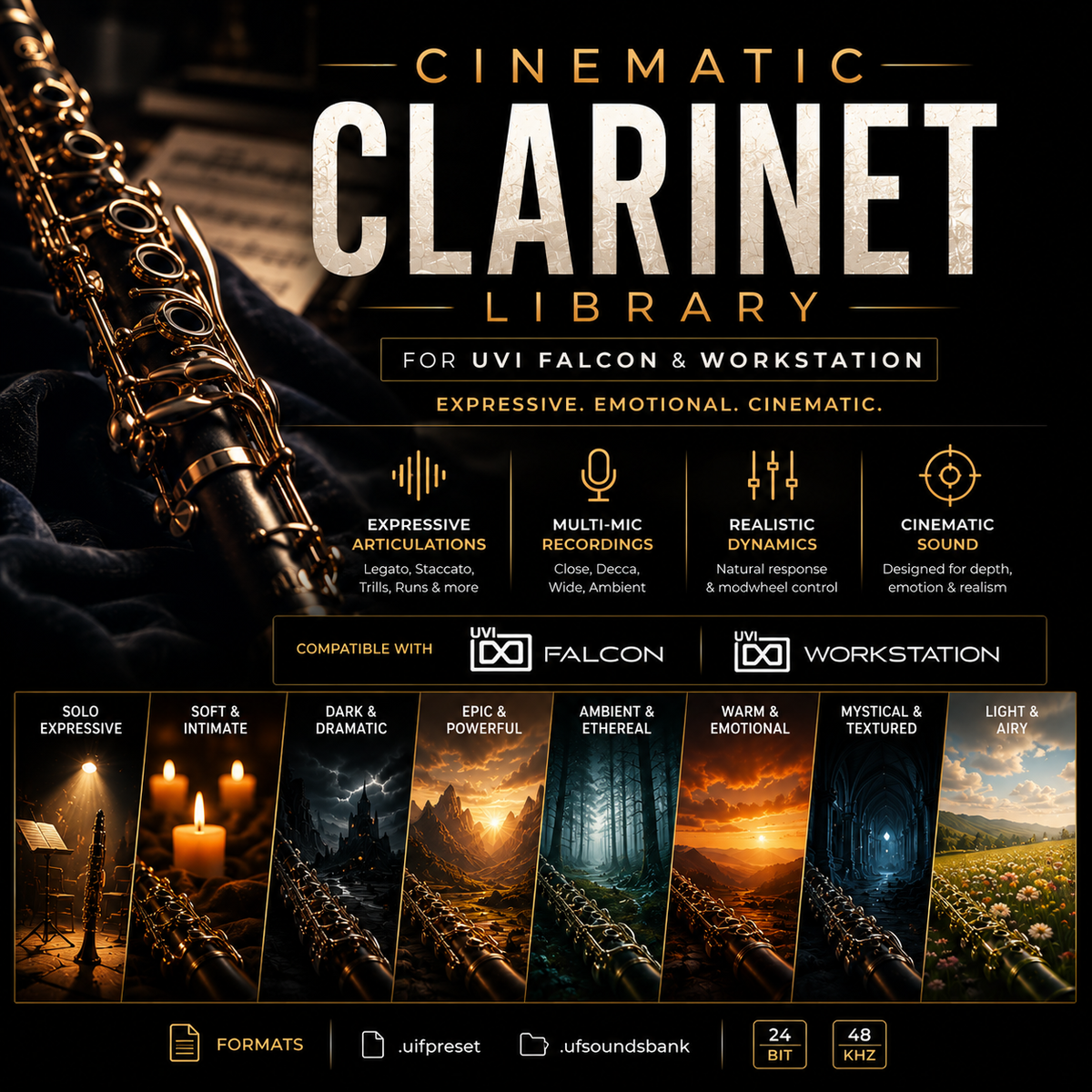 Promotional graphic for the 'Cinematic Clarinet Library' for Uvi Falcon and Workstation, featuring a close-up of a clarinet against a dark, atmospheric background with various warm-toned cinematic soundscapes shown in a row of thumbnails.