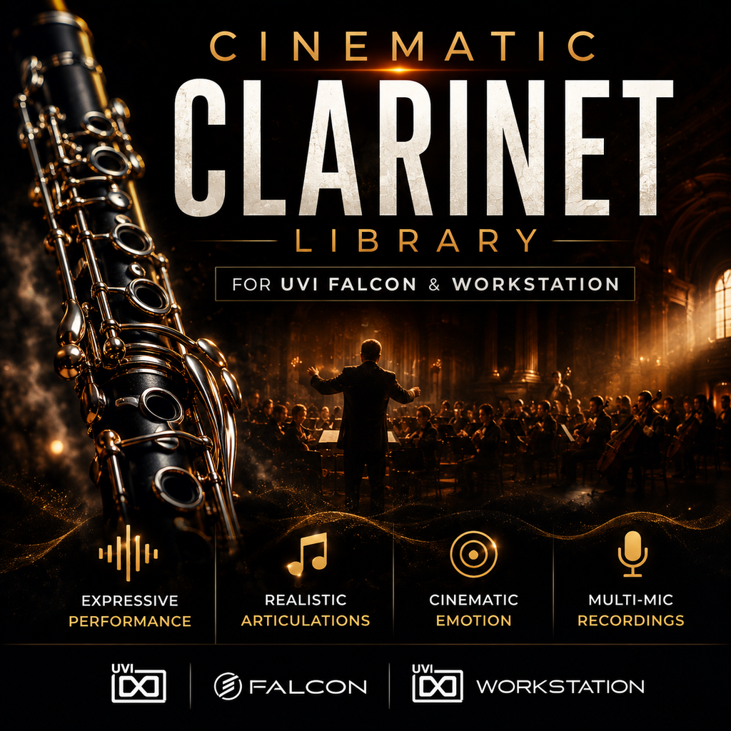 Promotional cover art for a cinematic clarinet library for Uvi Falcon and Workstation, featuring a large clarinet in the foreground, an orchestra scene, and text highlighting expressive performance, realistic articulations, cinematic emotion, and multi-mic recordings.