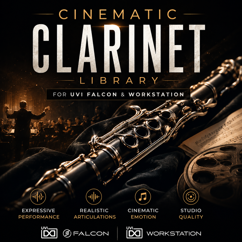 Promotional cover art for a cinematic clarinet library, featuring a close-up of a silver and black clarinet resting on dark fabric with a film reel, a blurred orchestra scene in the background, and large title text reading 'Cinematic Clarinet Library' for Uvi Falcon & Workstation.