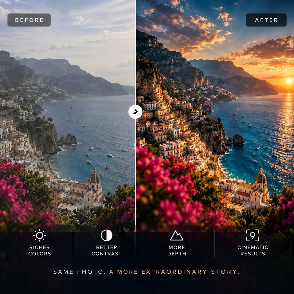 Before-and-after comparison of a coastal landscape photo, showing a sunlit Mediterranean-style bay with cliffs, buildings, boats, and bright pink flowers. The left side is labeled BEFORE and looks softer and flatter, while the right side is labeled AFTER and looks richer, more dramatic, and better contrasted.