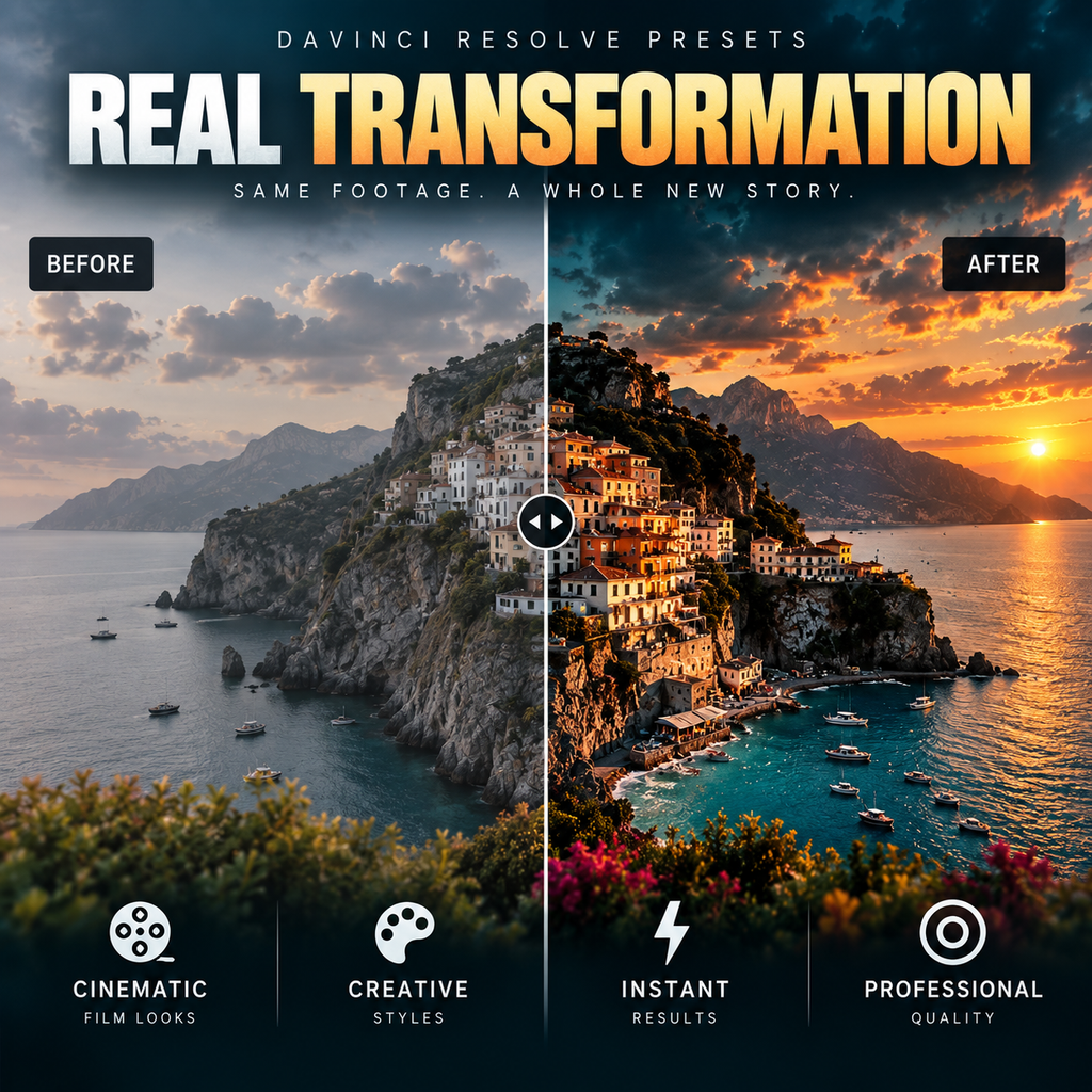 Promotional graphic for Davinci Resolve presets showing a coastal hillside village scene split into before/after comparison panels, with text reading 'Real Transformation' and feature callouts for cinematic film looks, creative styles, instant results, and professional quality.