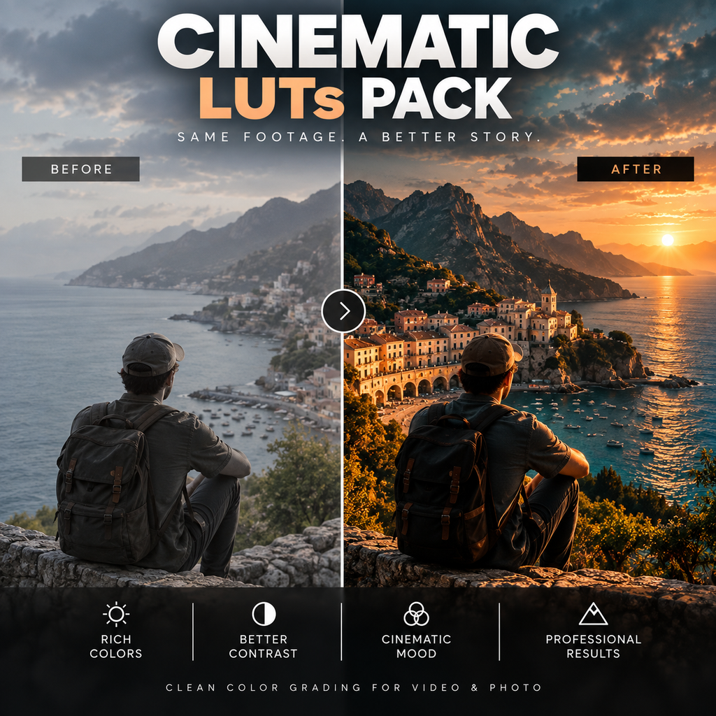 Promotional graphic for a cinematic LUTs pack showing a split-screen before/after photo edit on a coastal mountain scene. A person in a cap and backpack sits facing the sea in both panels, with dramatic sunset lighting in the right panel.
