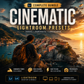 Promotional cover for a Lightroom preset bundle featuring a scenic coastal town at sunset, a seated person in the foreground, large text reading 'Cinematic Lightroom Presets,' and compatibility badges for Lightroom and Lightroom Classic.