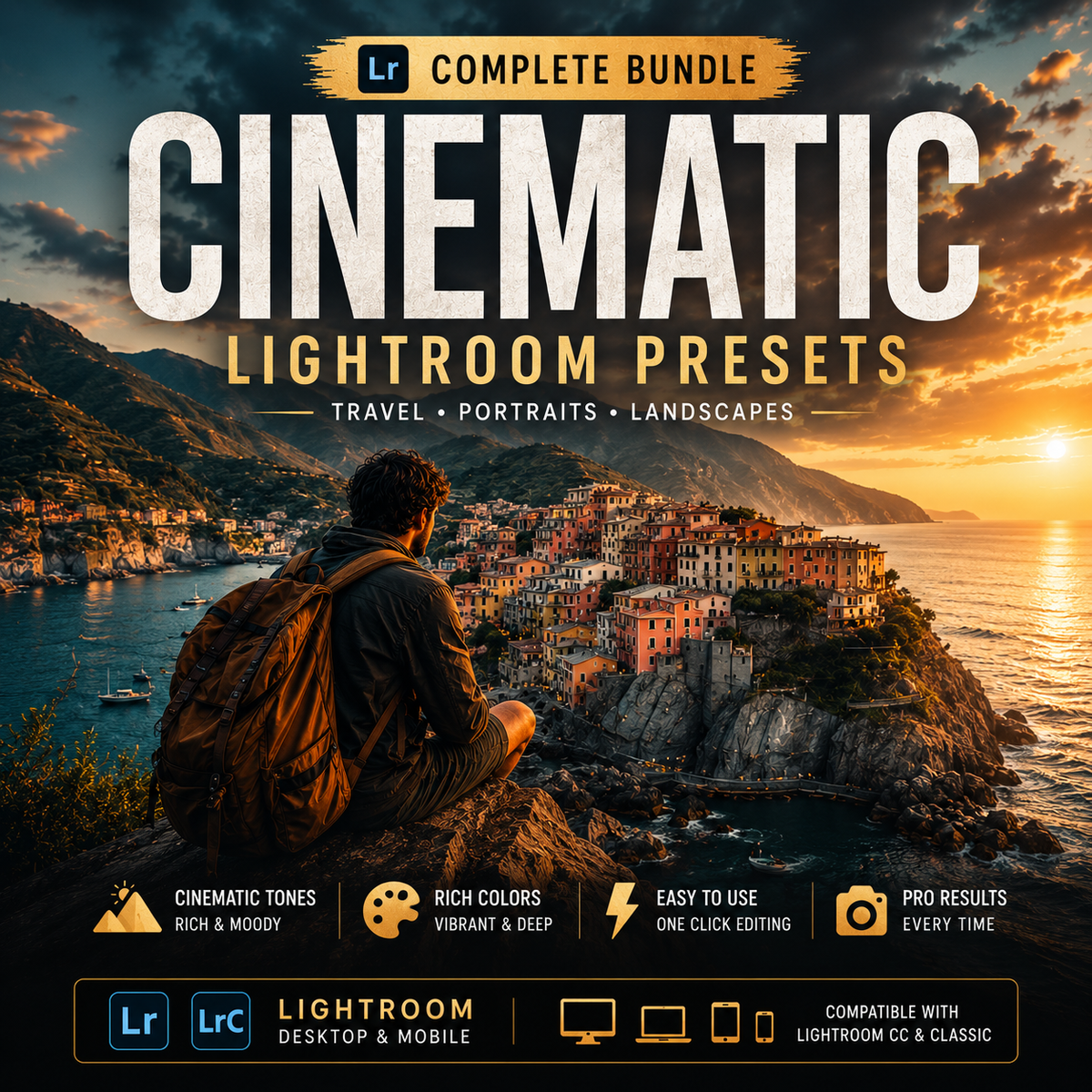 Promotional cover for a Lightroom preset bundle featuring a scenic coastal town at sunset, a seated person in the foreground, large text reading 'Cinematic Lightroom Presets,' and compatibility badges for Lightroom and Lightroom Classic.