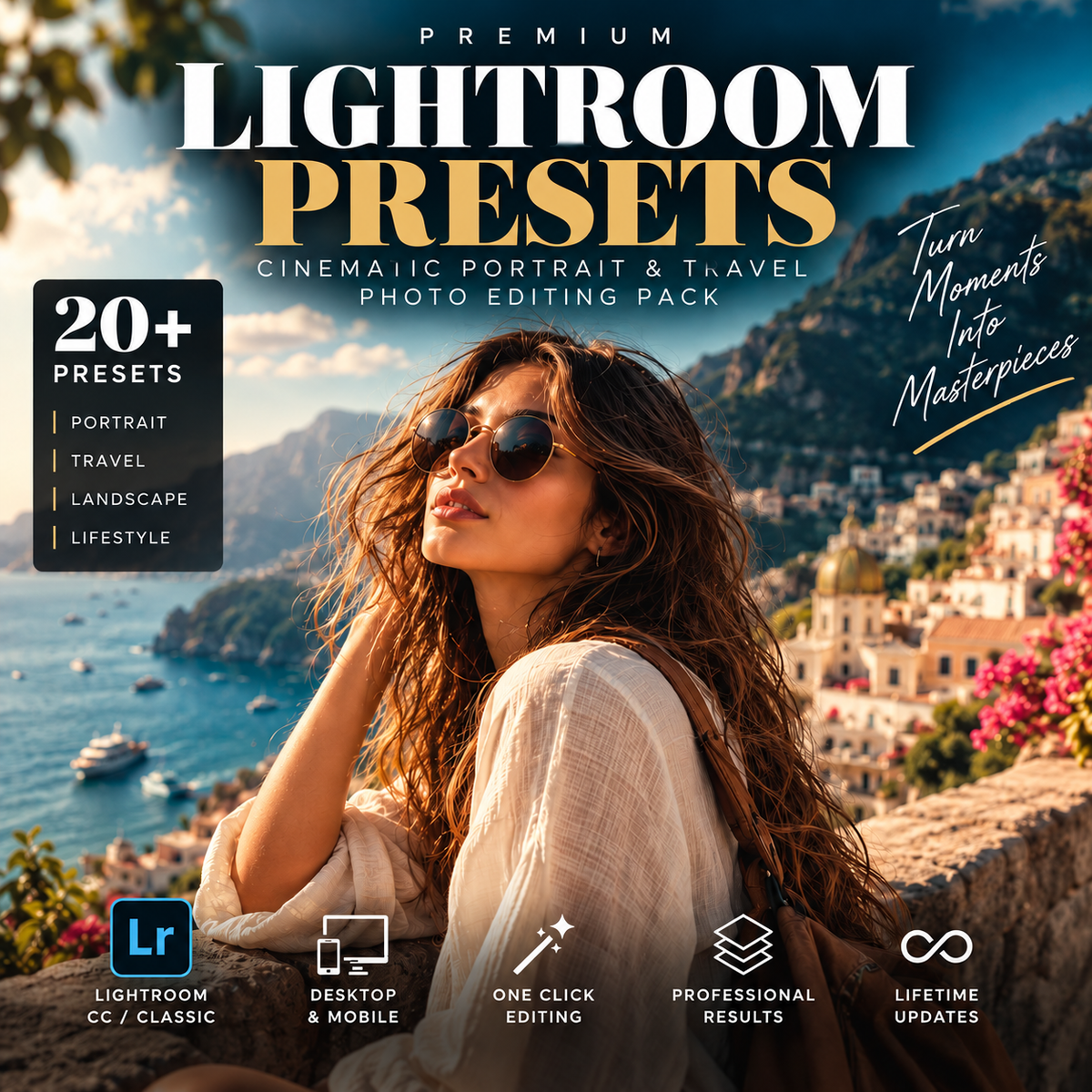 20+ Lightroom presets for cinematic portrait, travel, landscape, and lifestyle photo editing.