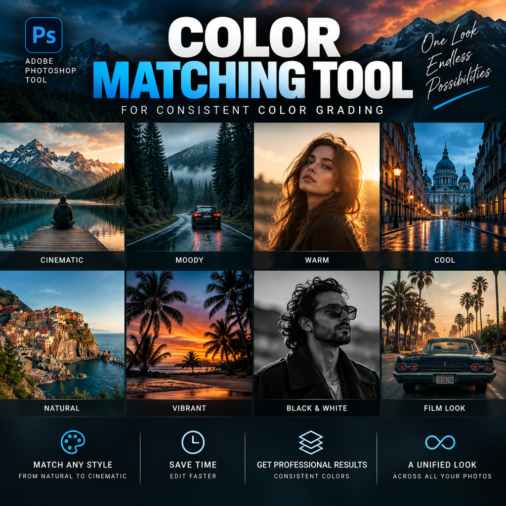 Promotional graphic for an Adobe Photoshop color matching tool, showing a Photoshop logo and the headline 'COLOR MATCHING TOOL' above eight example landscape and portrait photos labeled for consistent color grading: cinematic, moody, warm, cool, natural, vibrant, black & white, and film look. Text at the bottom says match any style, save time, get professional results, and a unified look.