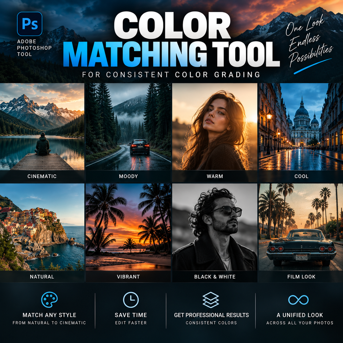 Promotional graphic for an Adobe Photoshop color matching tool, showing a Photoshop logo and the headline 'COLOR MATCHING TOOL' above eight example landscape and portrait photos labeled for consistent color grading: cinematic, moody, warm, cool, natural, vibrant, black & white, and film look. Text at the bottom says match any style, save time, get professional results, and a unified look.