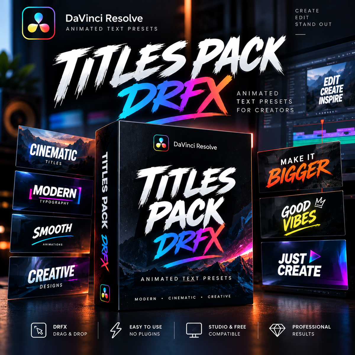 DaVinci Resolve titles pack with animated DRFX text presets in a cinematic editing workspace.