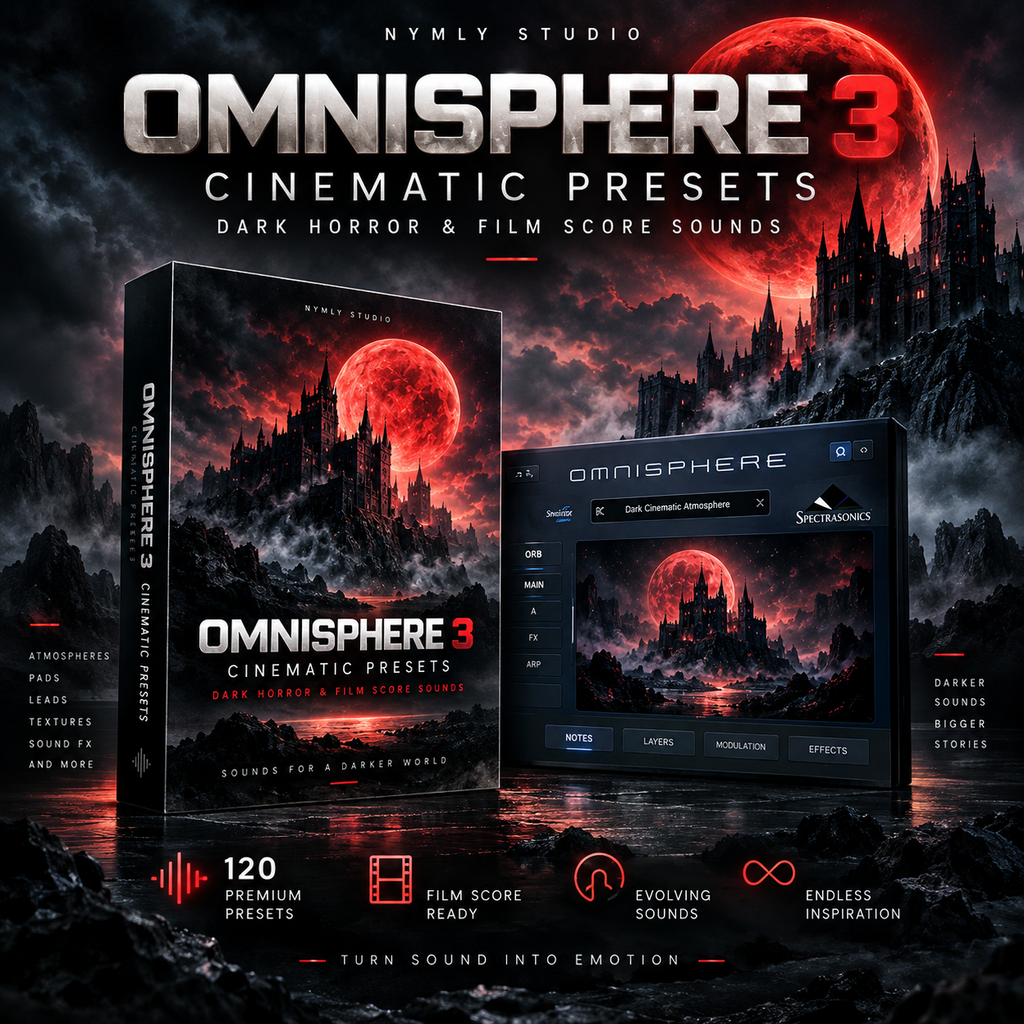 Promotional graphic for Omnisphere 3 Cinematic Presets by Nymly Studio, showing the software box cover, a digital preset panel interface, and gothic castle artwork under a large red moon. Text highlights 120 premium presets and dark horror/film score sound design.