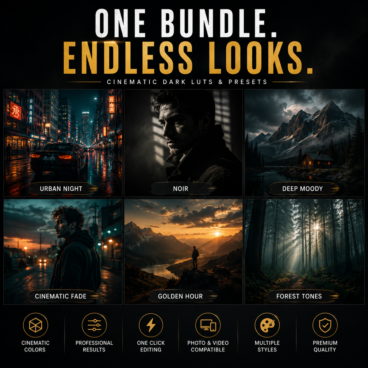 Promotional graphic for a bundle of cinematic dark luts and presets, showing six example photo styles: Urban Night, Noir, Deep Moody, Cinematic Fade, Golden Hour, and Forest Tones, with icons for cinematic colors, professional results, one click editing, photo & video compatible, multiple styles, and premium quality.