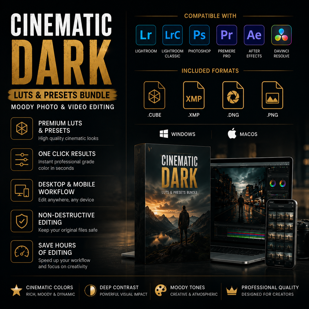 Promotional graphic for a 'Cinematic Dark' Luts & Presets Bundle for moody photo and video editing. The design features a dark aesthetic with gold and white typography, compatibility badges for Lightroom, Photoshop, Premiere Pro, and After Effects, included formats (CUBE, XMP, DNG, PNG), and mockups of a book cover, laptop, and smartphone displaying the presets.