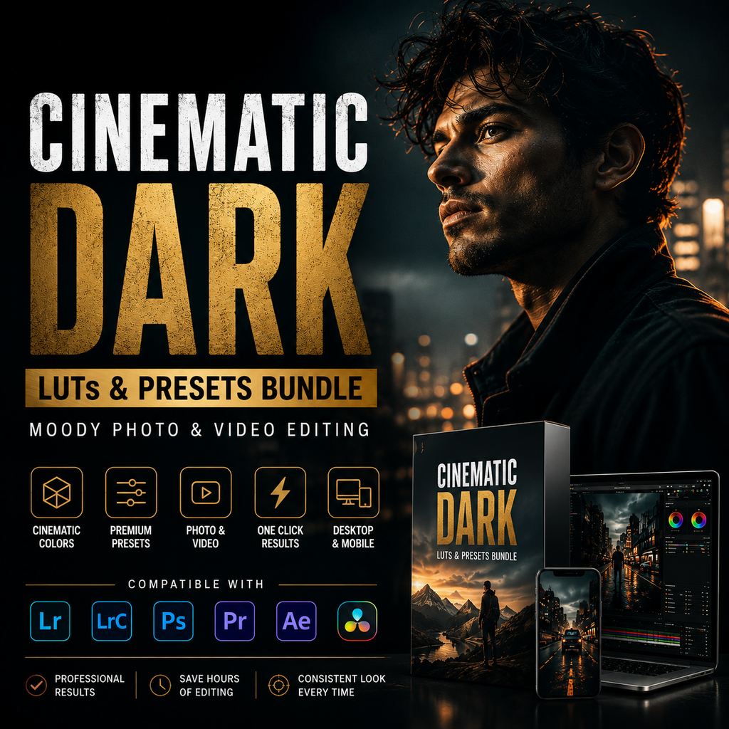 Promotional graphic for a cinematic dark LUTs and presets bundle, featuring a moody portrait of a man on the right and software compatibility icons on the left. A boxed product cover and device mockups are shown at the bottom right.