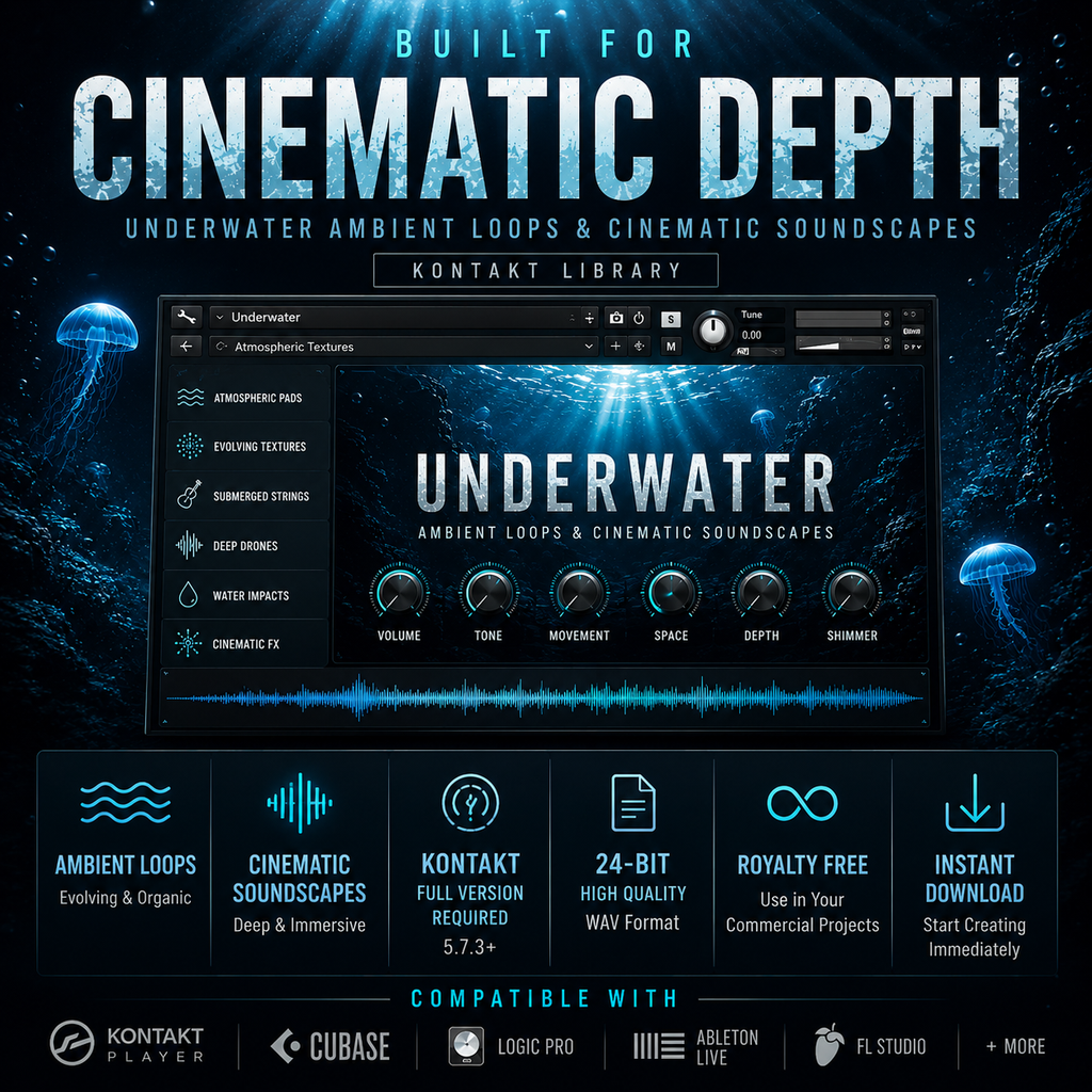 Promotional graphic for Kontakt Library's 'Underwater' ambient loops and cinematic soundscapes, featuring a software interface preview, glowing blue jellyfish in an underwater scene, and compatibility logos for Kontakt Player, Cubase, Logic Pro, Ableton Live, and FL Studio.