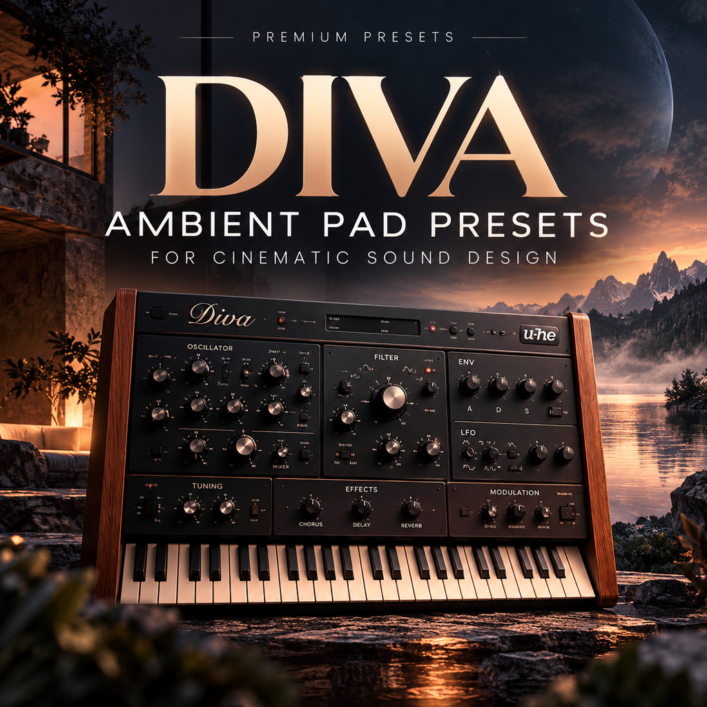 Promotional graphic for DIVA Ambient Pad Presets, showing a modular synthesizer keyboard with wood-grain sides and black front panels, set against a scenic sunset landscape with water and mountains. Large text reads 'DIVA AMBIENT PAD PRESETS FOR CINEMATIC SOUND DESIGN' and 'PREMIUM PRESETS'.
