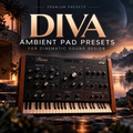 Promotional graphic for DIVA Ambient Pad Presets, showing a modular synthesizer keyboard with wood-grain sides and black front panels, set against a scenic sunset landscape with water and mountains. Large text reads 'DIVA AMBIENT PAD PRESETS FOR CINEMATIC SOUND DESIGN' and 'PREMIUM PRESETS'.