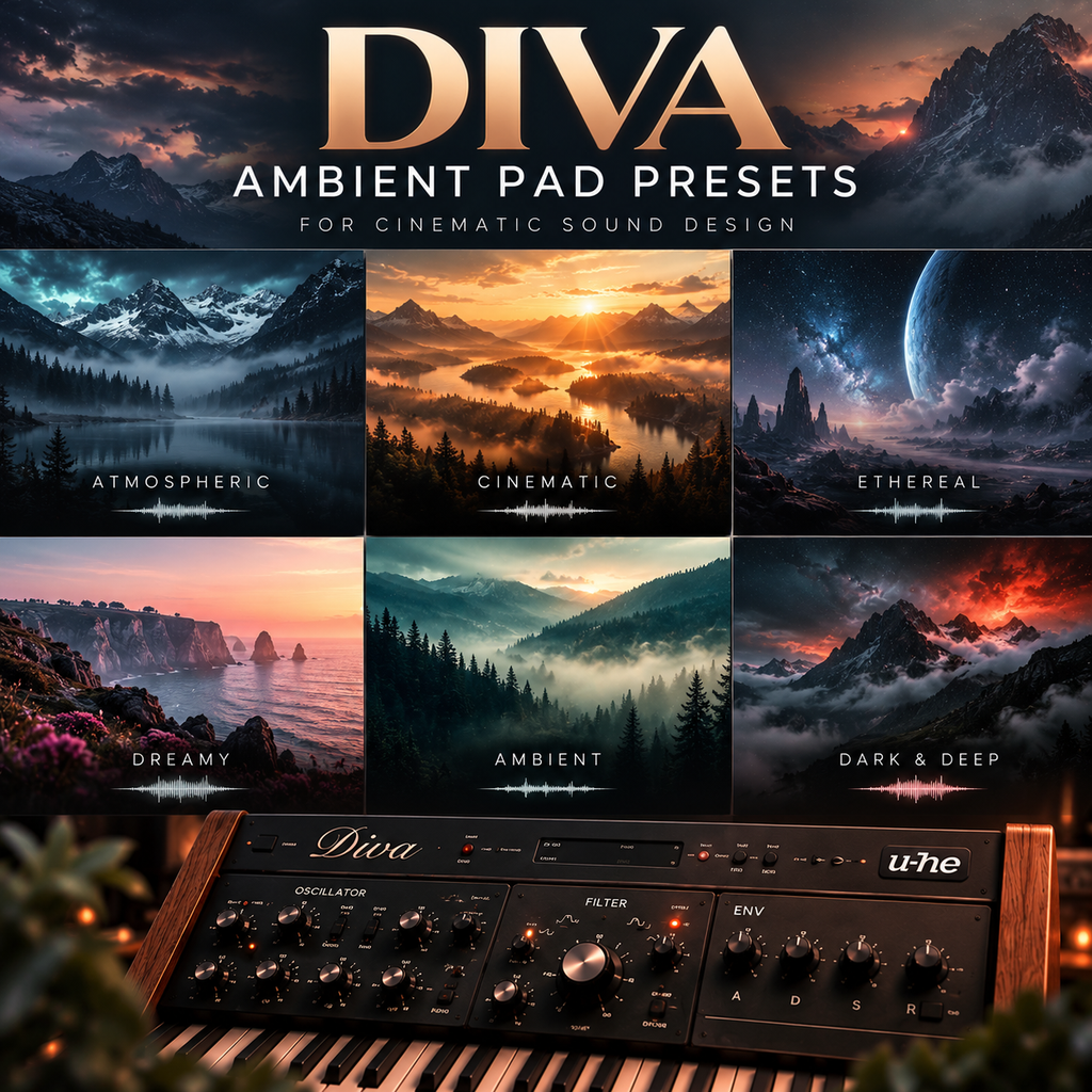 Promotional graphic for DIVA Ambient Pad Presets, showing six scenic landscape panels labeled Atmospheric, Cinematic, Ethereal, Dreamy, Ambient, and Dark & Deep above a close-up of a black modular audio controller with knobs and the u-he logo.